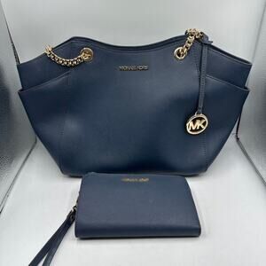 Michael Kors Handbag Nicole Navy Saffiano Leather Tote Shoulder Bag w/ Wallet